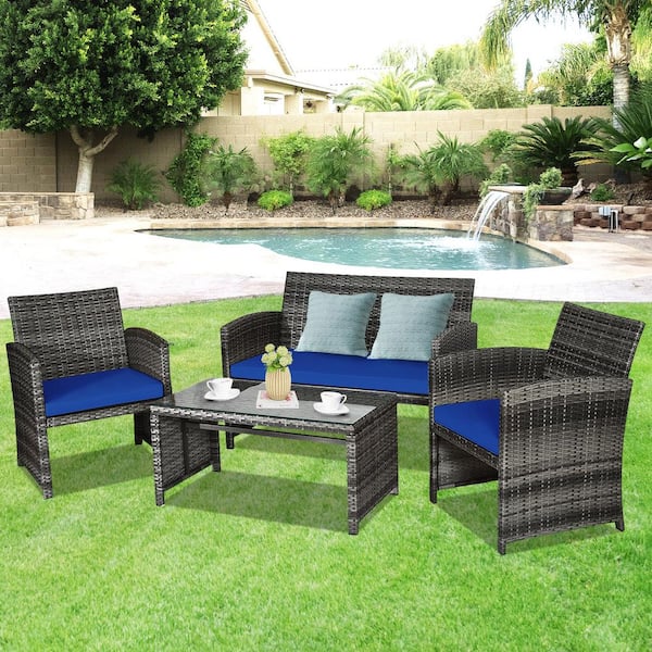 Gtnali 4 Pieces Patio Wicker Patio Conversation Set With Glass Table and Navy Cushions