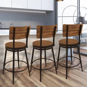Walter Swivel 25.9 in. Brown Natural Wood High Back Metal Counter Stool with Wood Seat