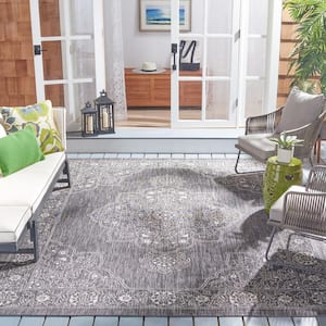 Courtyard Black/Gray 8 ft. x 10 ft. Floral Medallion Border Indoor/Outdoor Patio  Area Rug