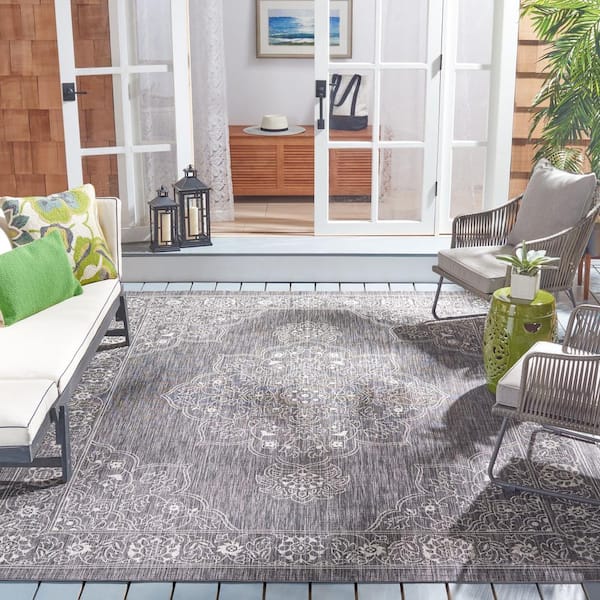 Courtyard Black/Gray 8 ft. x 10 ft. Floral Medallion Border Indoor/Outdoor Patio  Area Rug