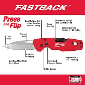 Fastback 3 in. Blade 5-in-1 Folding Knife with 25 ft. Compact Wide Blade Tape Measure