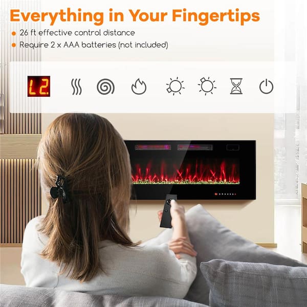 50 in. Wall-Mounted Ultra-Thin Electric Fireplace TV Stand and Recessed Fireplace Heater in Black