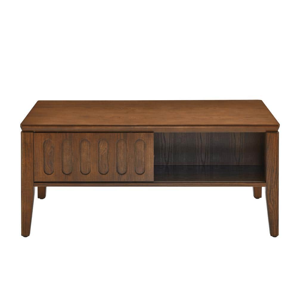 （yskdtc88） Vintage Coffee Table Walnut Mid Century Modern Fluted Coffee Table with Storage Sliding