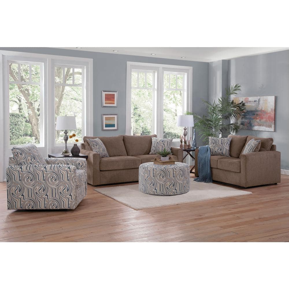 Latte Brown Chenille Sofa with Swirl Accent Pillows