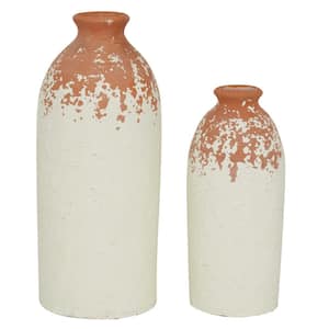13 in., 10 in. White Ceramic Decorative Vase with Terracotta Detailing (Set of 2)