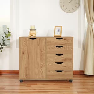 Natural, 5-Drawer Wood Dresser Storage Cabinet with Shelves, Wheels, Craft Storage, Makeup-Drawer File Cabinet,