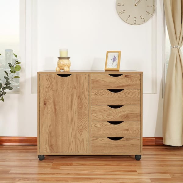 HOMESTOCK Natural, 5-Drawer Wood Dresser Storage Cabinet with Shelves, Wheels, Craft Storage, Makeup-Drawer File Cabinet,