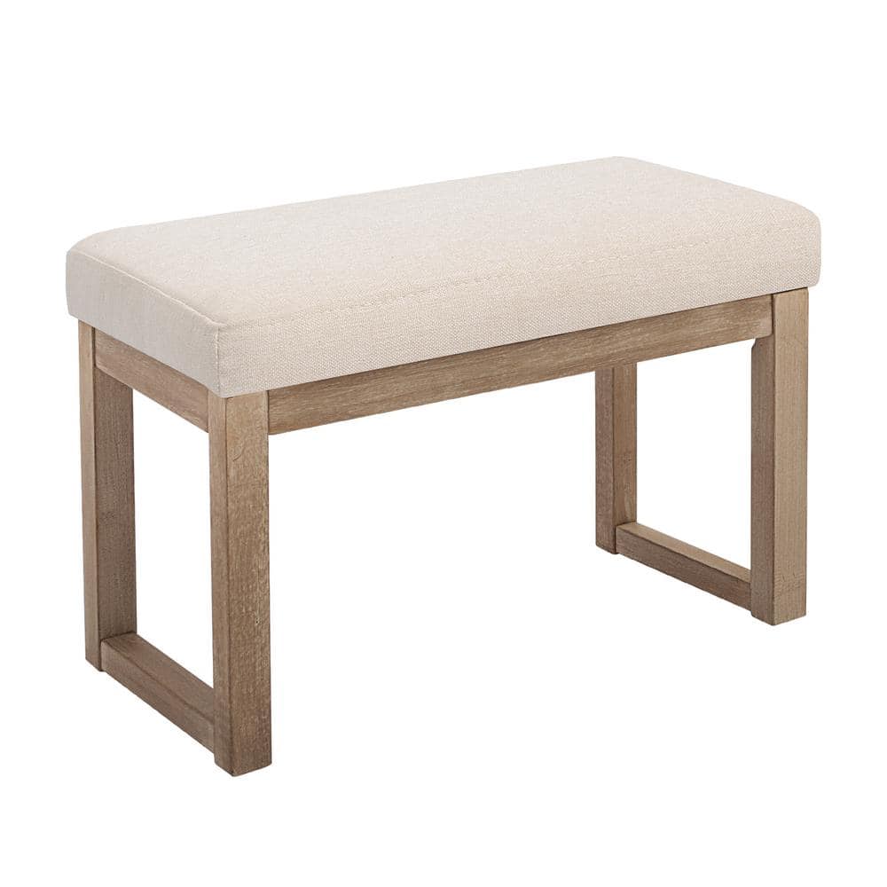 Beige Linen Upholstered Wood Leg Ottoman Bench