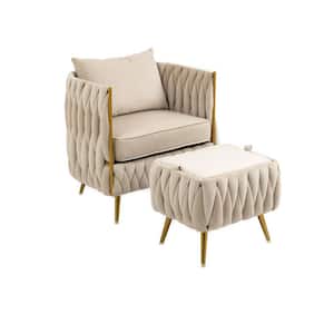 Modern Comfy Upholstered Beige Velvet Accent Arm Chair with Storage Ottoman Set