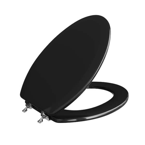 JONES STEPHENS Deluxe Molded Wood Elongated Closed Front Toilet Seat with Cover and Chrome Hinge in Black