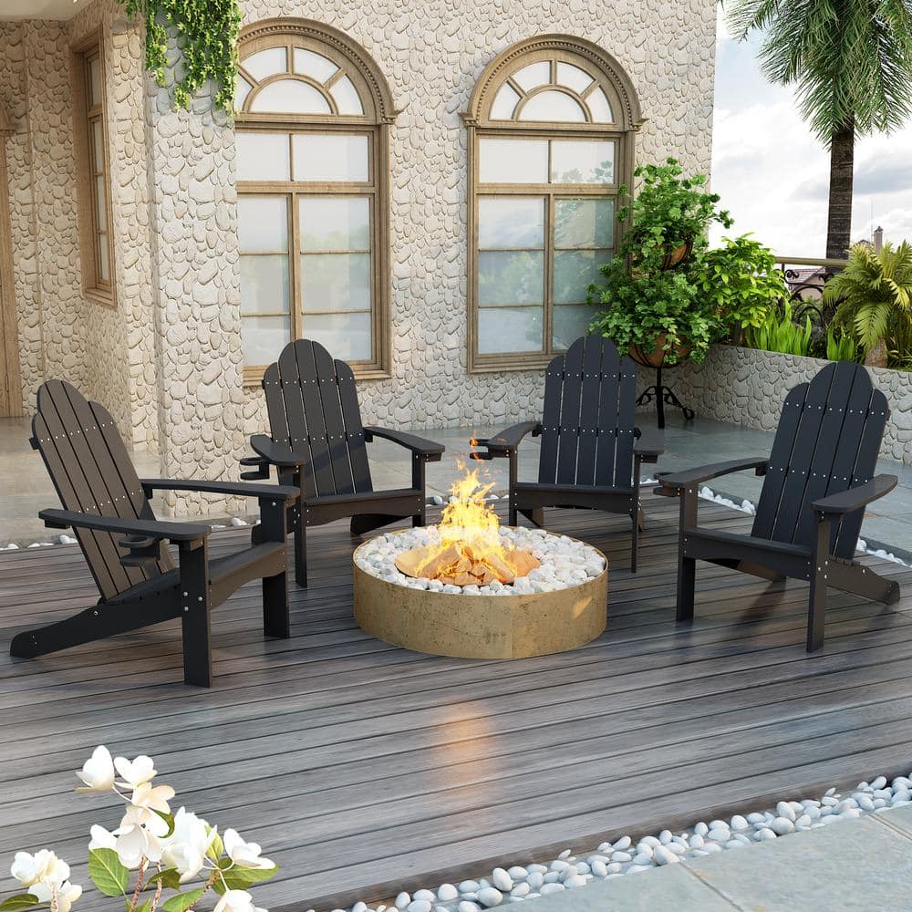 Hampton Curveback Black All-Weather Plastic Outdoor Patio Adirondack Chair with Cup Holder Fire Pit Chair Set of 4 price history on PriceWatchPro