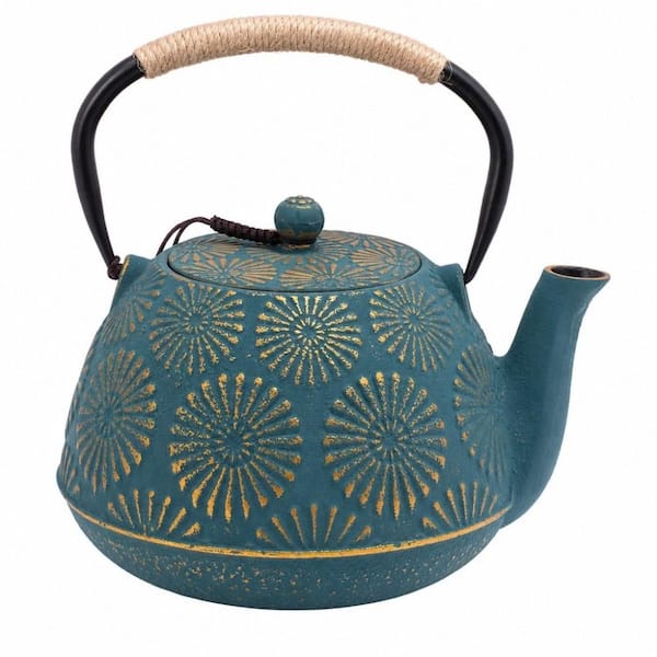 4-Cup Blue Cast Iron Tea Pot with Enameled Interior, 40 oz. Tea Kettle with Infuser for Stove Top