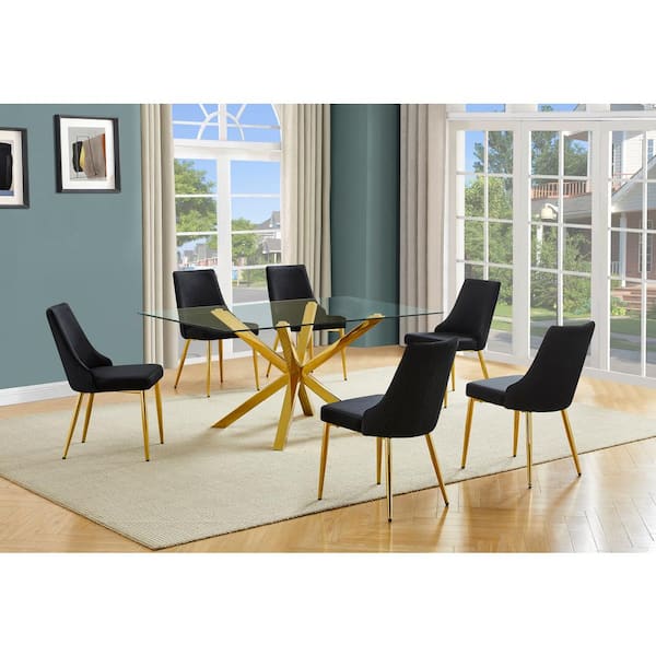 Best Quality Furniture Tom 7-Piece Clear Glass Top Cross Leg Base Dining Set with 6-Black Gold Chrome Chairs