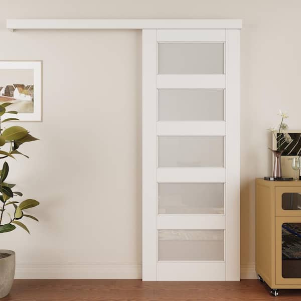 30 in. x 80 in. Hidden Track Style 5 Lite Frosted Glass Primed MDF Sliding Barn Door with Hardware Kit