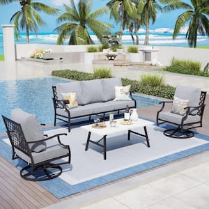 Metal 5 Seat 4-Piece Steel Outdoor Patio Conversation Set With Gray Cushions, Swivel Chairs and Marble Pattern Table