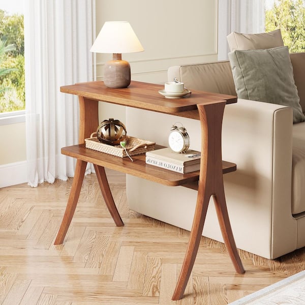 BYBLIGHT Kerlin 25.2 in. Brown Rectangle Engineered Wood End Table Side Table with 2-Tier Shelf