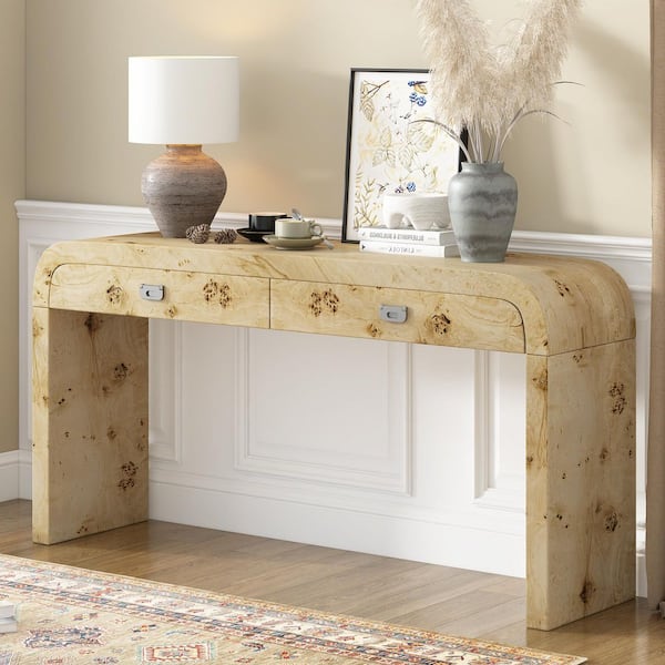 Harper & Bright Designs 60 in. Natural Curved (Specialty) MDF and Burl Wood Veneer Entryway Console Table with 2 Drawers and Metal Handles