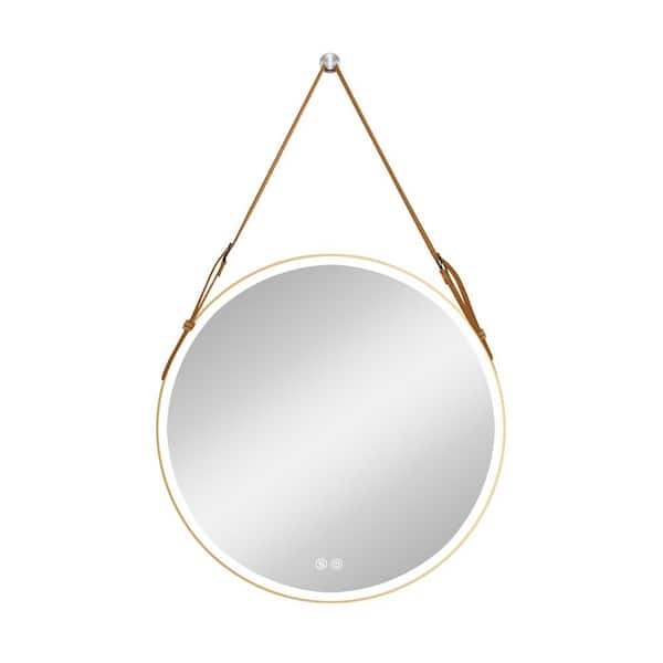 Unbranded Modern 24 in. W x 24 in. H Round Framed Wall-Mounted Bathroom Vanity Mirror with LED Light in Gold