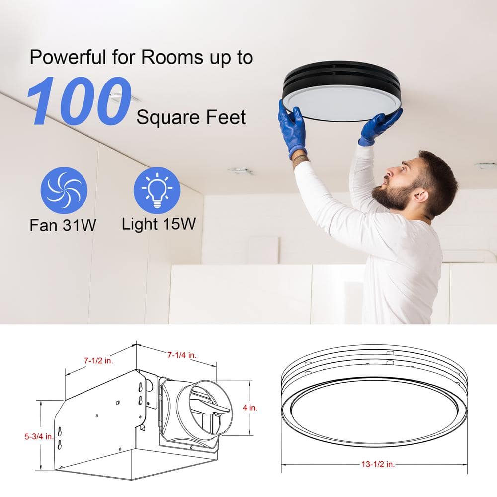 Matte Black Round Bathroom Exhaust Fan with Dimmable LED Light