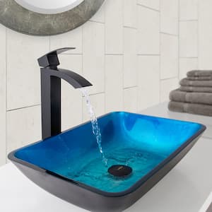 Glass Rectangular Vessel Bathroom Sink in Turquoise Blue with Duris Faucet and Pop-Up Drain in Matte Black