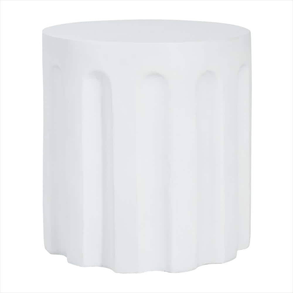 White cylindrical side table with vertical grooves on a white background.