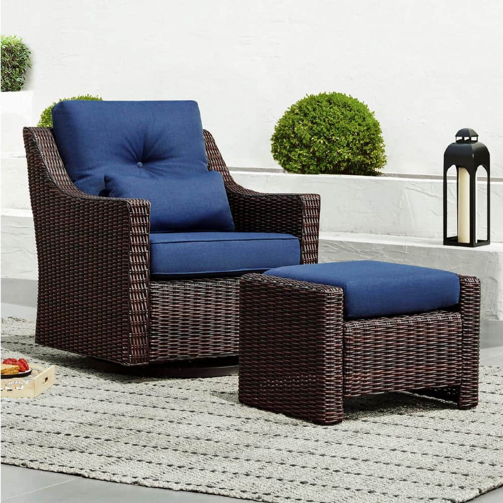 Thaddeus Brown Fabric 360° Rocking Swivel Wicker Accent Chair and Ottomans with Blue Cusions for Living Room or Backyard price history on PriceWatchPro