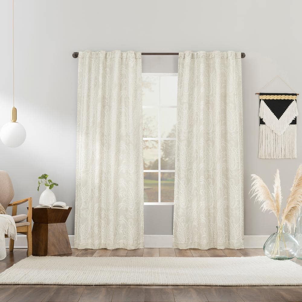Pearl White Paisley Embroidery Blackout Curtain Panel 40"x84"