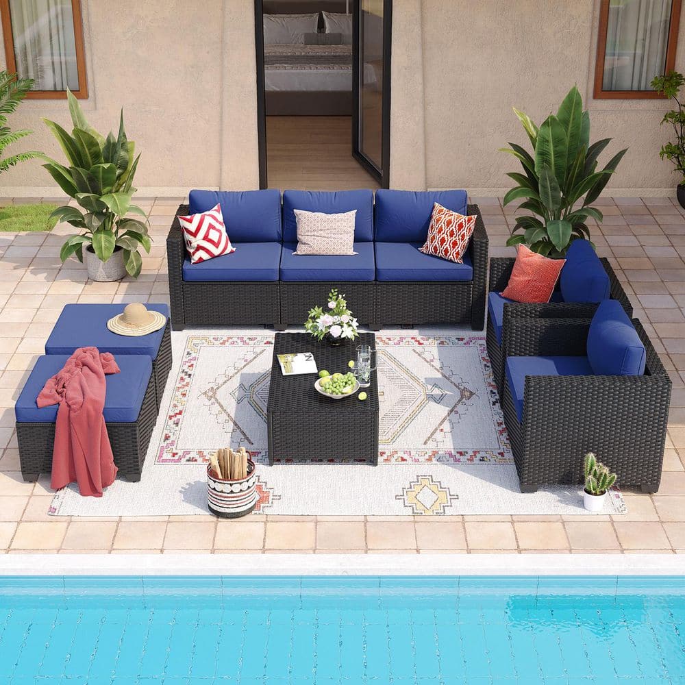 7-Piece Outdoor Patio Conversation Set with Ottomans Coffee Table and Blue Cushions price history on PriceWatchPro