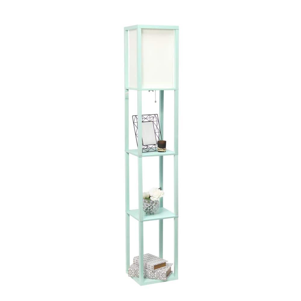 Aqua Transitional Floor Lamp with Linen Shade and Storage Shelf