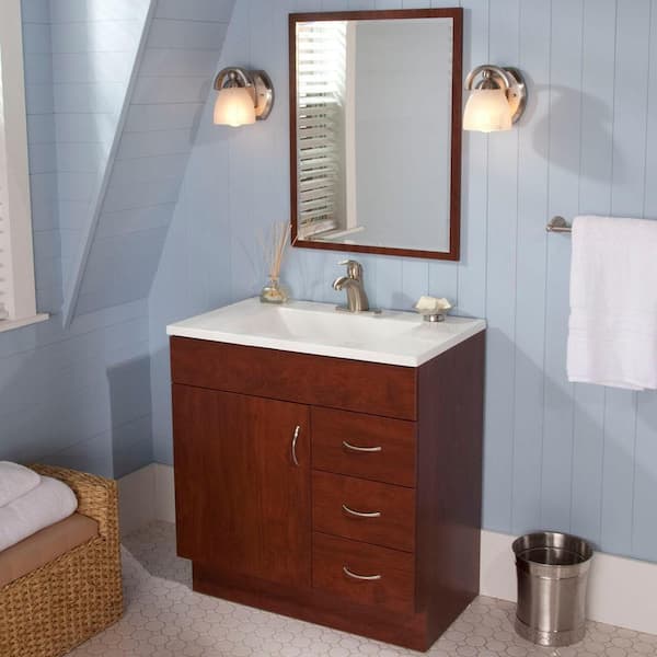 St. Paul Vanguard 30 in. W x  in. D x  in. H Single Sink Bath Vanity in Hazelnut Glaze with White Cultured Marble Top and Mirror