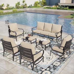 Black Slatted 9-Seat 7-Piece Metal Outdoor Patio Conversation Set with Beige Cushions and 2 Ottomans