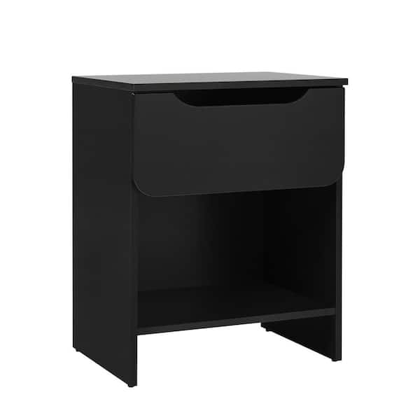 1-Drawer Black Modern Nightstand with Cubby