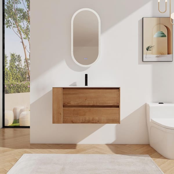 Unbranded 36 in. W x 18 in. D x 20 in. H Wall Mounted Bath Vanity in Imitative Oak with White Ceramic Top