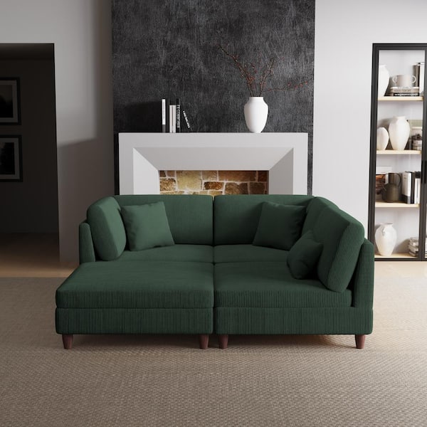 120.5 in. Straight Arm 4-Piece Corduroy Upholstered L-Shaped Sectional Sofa in Hunter Green