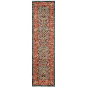 Mahal Navy/Red 2 ft. x 6 ft. Floral Border Runner Rug