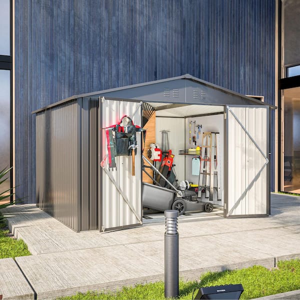 10 ft. W x 8 ft. D Galvanized Steel Metal Shed with Double Door and Floor Frame in Black(80 sq. ft.)