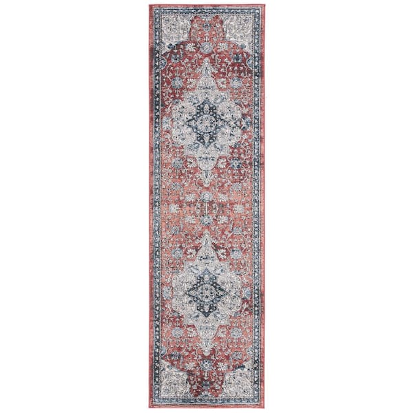 Rosewood 2 ft. x 8 ft. Ivory/Red Distressed Ornate Medallion Runner Rug