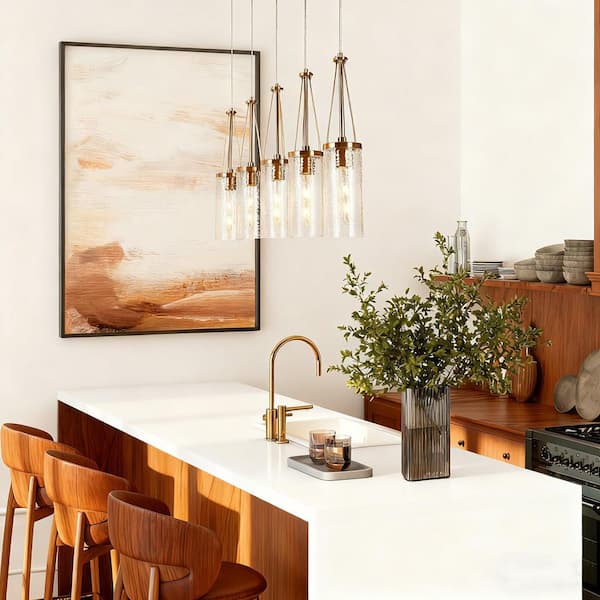 Modern Brass Island Linear Chandelier 5-Light Drum Cylinder High Ceiling Light with Hammered Glass Shades for Kitchen