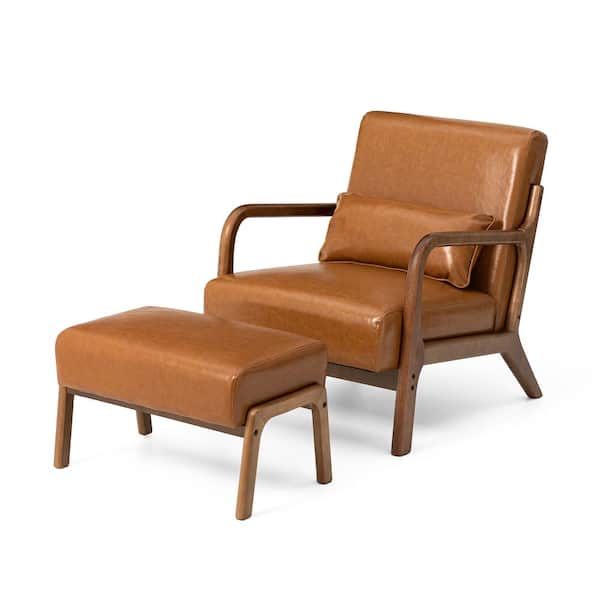 Glitzhome Set of 2 Mid-Century Modern Yellowish-Brown Leatherette Accent Stool and Chair with Walnut Rubberwood Legs