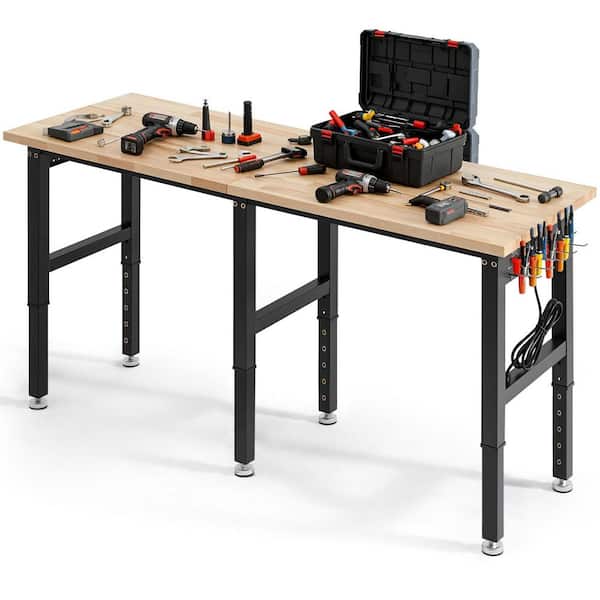 Adjustable Workbench, 5000 lbs. Capacity, 72 x 24 In. Oak Top with 4 AC Outlets & 2 USB Ports, for Home Commercial