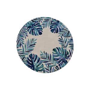 Kai Ivory/Blue 6 ft. Round Tropical and Transitional Hand-Tufted Wool Area Rug