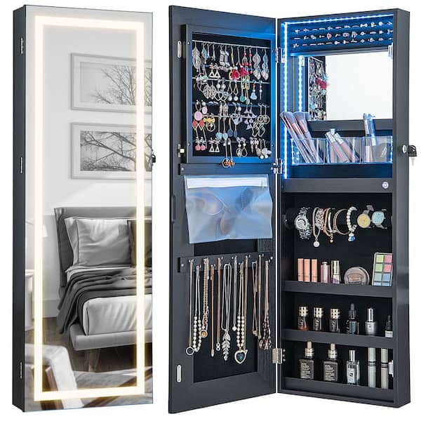 15 in. x 42.5 in. Black Wall Mounted Mirrored Jewelry Storage Organizer Armoire with Multi-Color Lights