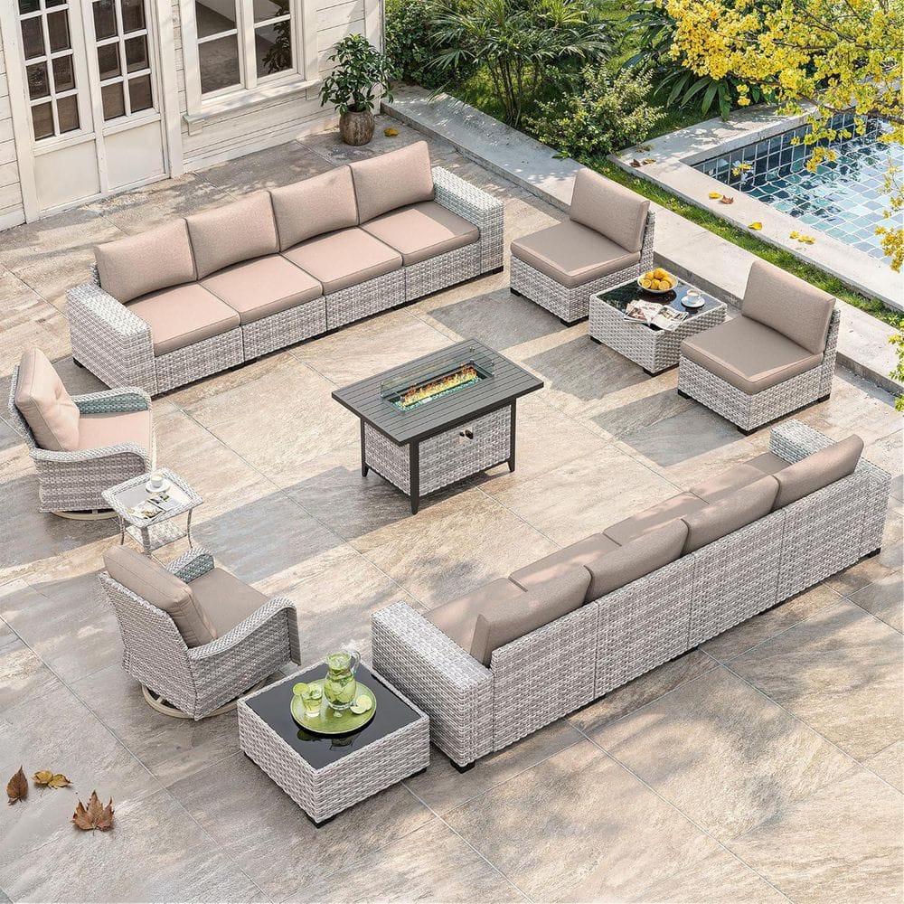 16-Piece Wicker Patio Furniture Set with 12-Seats, 4 in. Thickened Cushions, Swivel Chairs and Fire Pit Table, Beige price history on PriceWatchPro