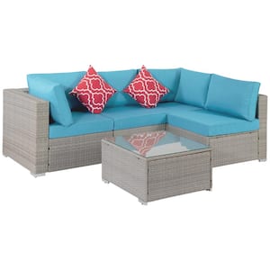 Grey 5-Piece Wicker Patio Conversation Sectional Seating Set with Blue Cushions