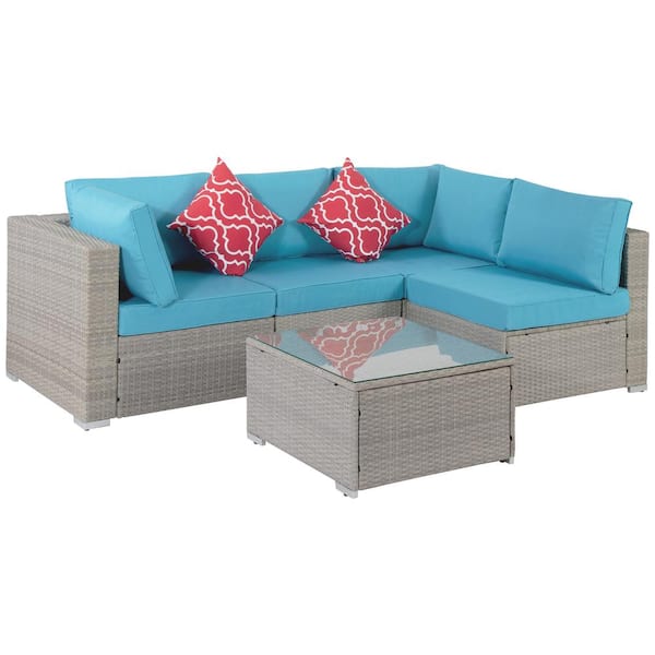 GOSHADOW Grey 5-Piece Wicker Patio Conversation Sectional Seating Set with Blue Cushions