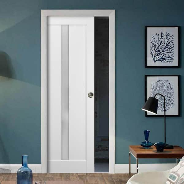 4112 18 in. x 84 in. Single Panel White Finished Solid MDF Sliding Door with Pocket Hardware