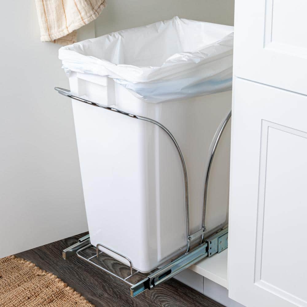 White Plastic Pull-Out Trash Can with Chrome Base