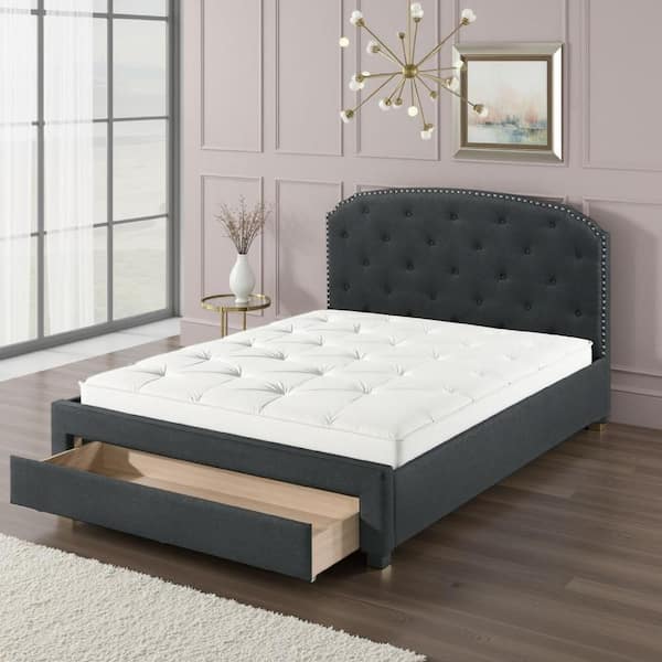 Charcoal Gray Wood Frame King Size Platform Bed with Headboard