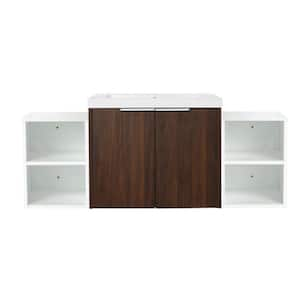 18 in. W x 48 in. D x 19 in. H 1 Sink Wall Mounted Bath Vanity in Walnut with White Resin Top and 2-Storage Shelves