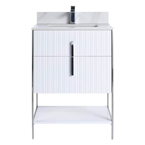 FINE FIXTURES 24 in. W x 18 in. D x 33.5 in. H Bath Vanity in White with White Carrara Sintered Stone Top with Chrome Hardware